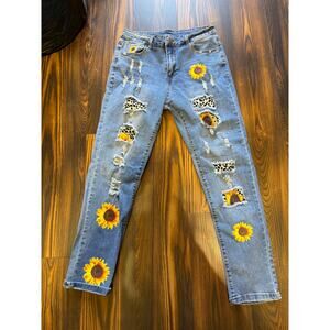 Sunflower Print Patchwork Distressed High Waist Stretch Jeans Size L